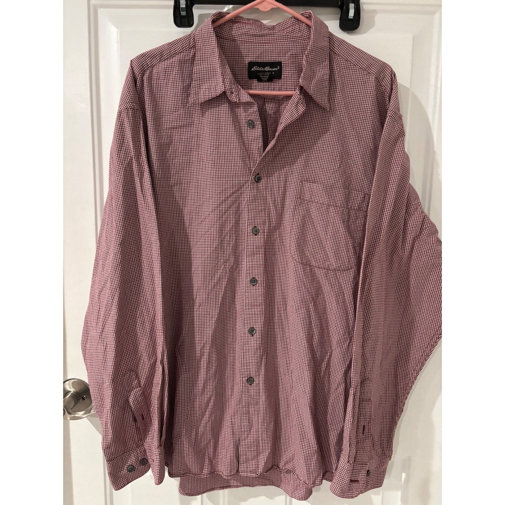 Eddie Bauer Mens XXL Gingham Check Button Down Shirt Burgundy‎ White Long Sleeve